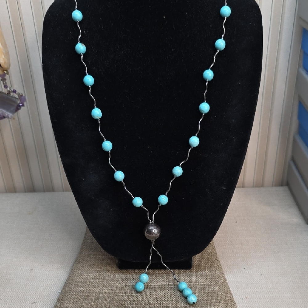 Vintage Sterling Silver and Turquoise colored Beads V-Shaped Necklace.